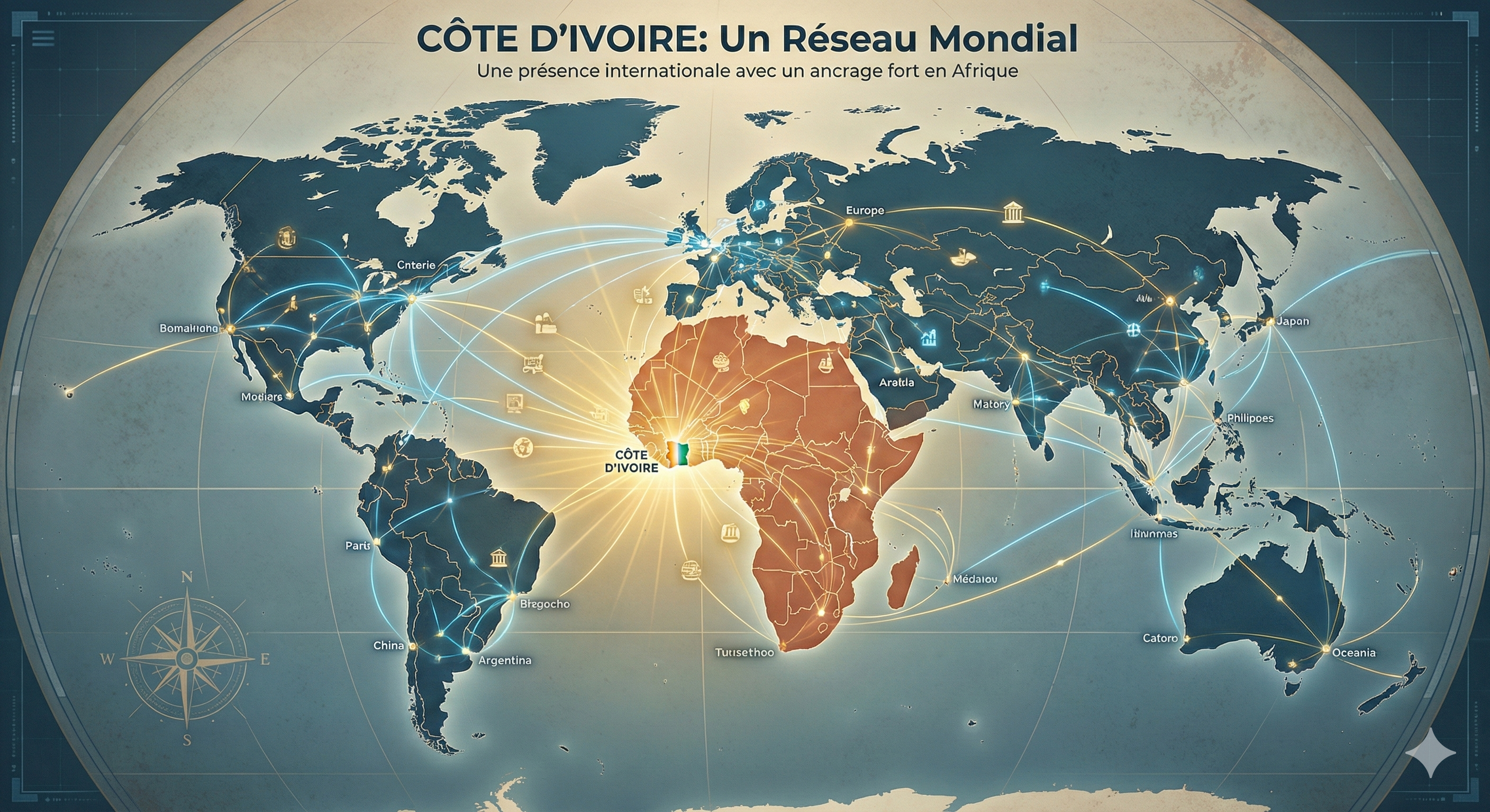Carte détaillée du réseau mondial de Hawoba International montrant les connexions en Afrique et à l'international.
